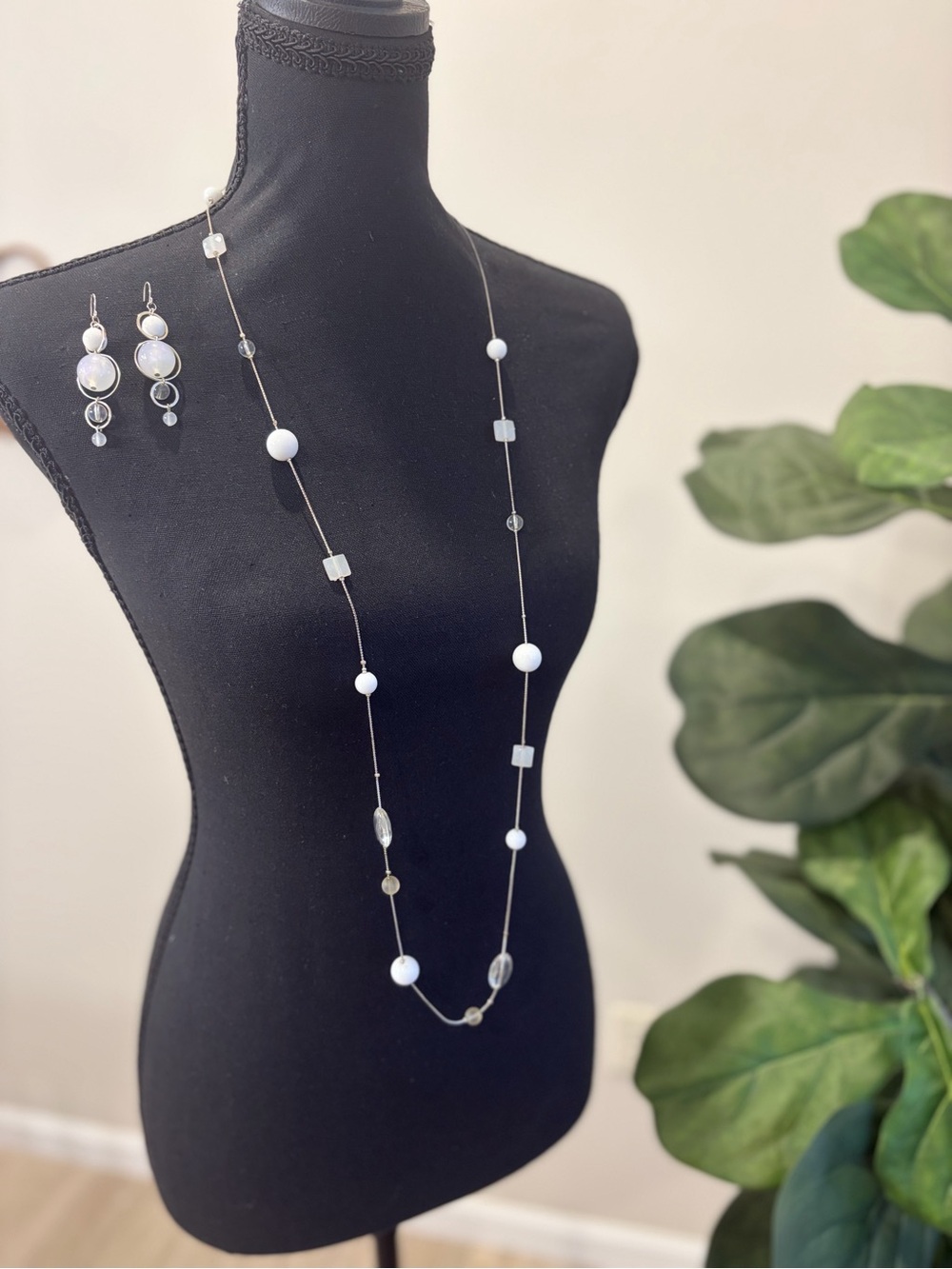 White and clear Bead Long or stranded Necklace and Earring Set
